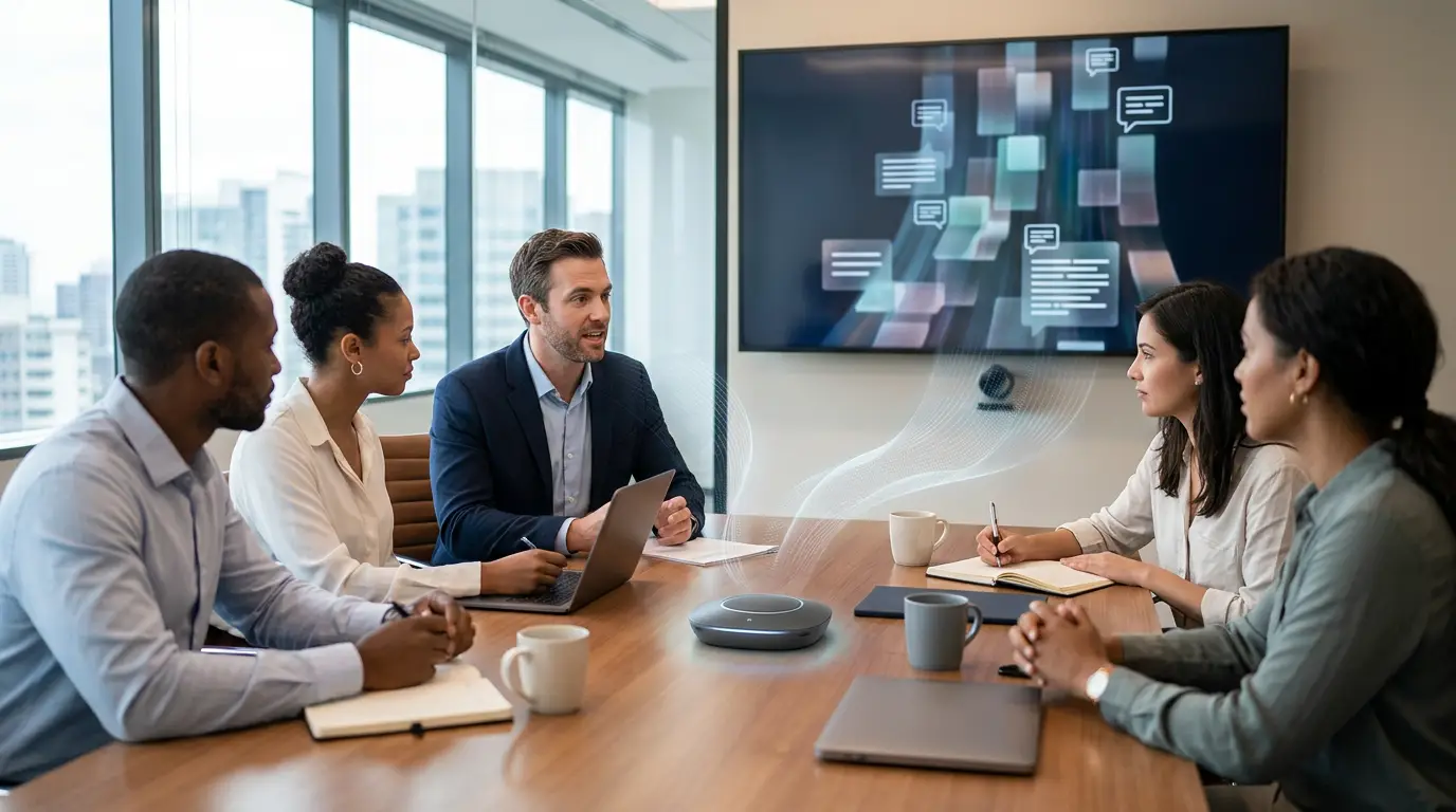 AI transcription converting business meetings into accurate real-time transcripts, automated notes, and searchable meeting records